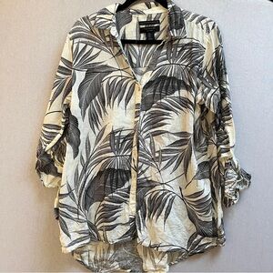 Tahari 100% linen fern/palm print button-up shirt Sz L